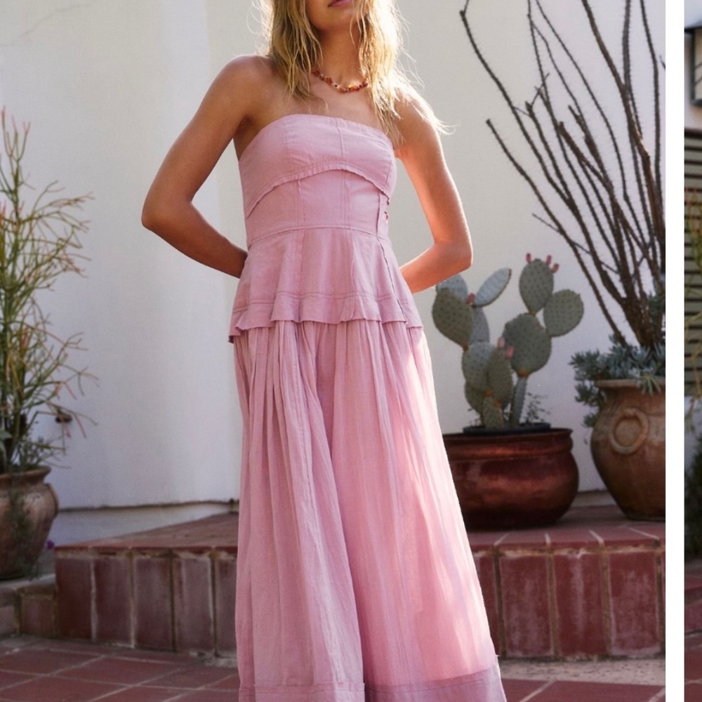 Free People Pink Strapless Tiered Peplum Midi Dress